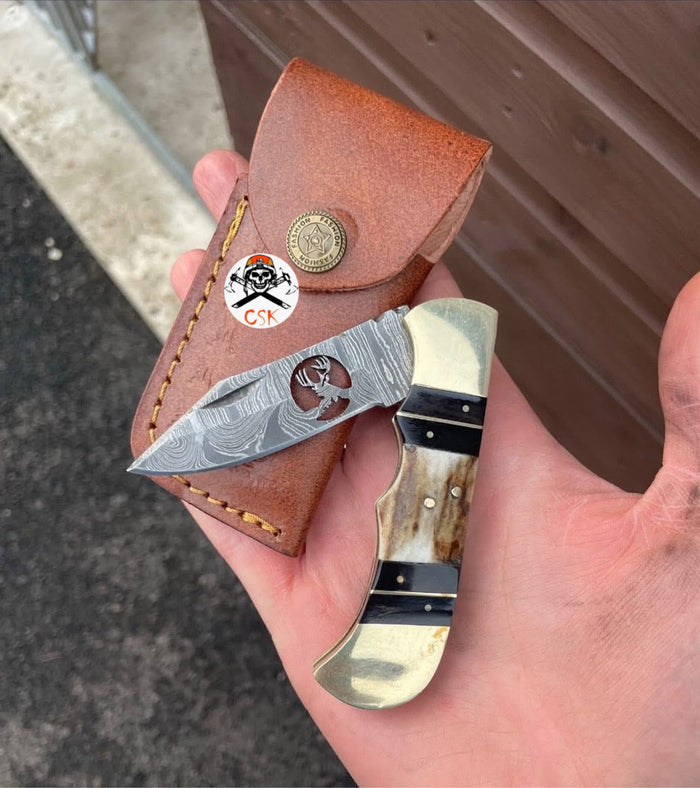 Cowboy Pocket Knife – Deer Damascus Blade cskforged