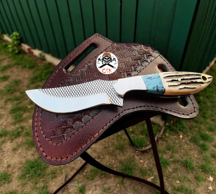 Cross Draw Sheath Hunting Knife With Rasp Steel & Antler Handle cskforged
