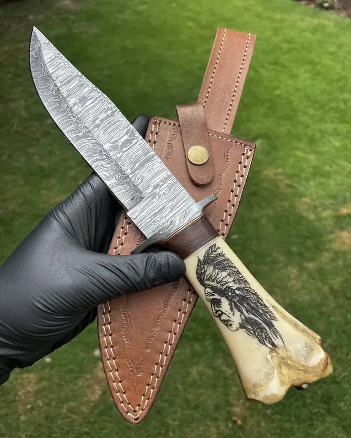 Custom Damascus Blade Knife with Tribal Carved Bone Handle & Protective Sheath cskforged