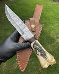Custom Damascus Blade Knife with Tribal Carved Bone Handle & Protective Sheath cskforged