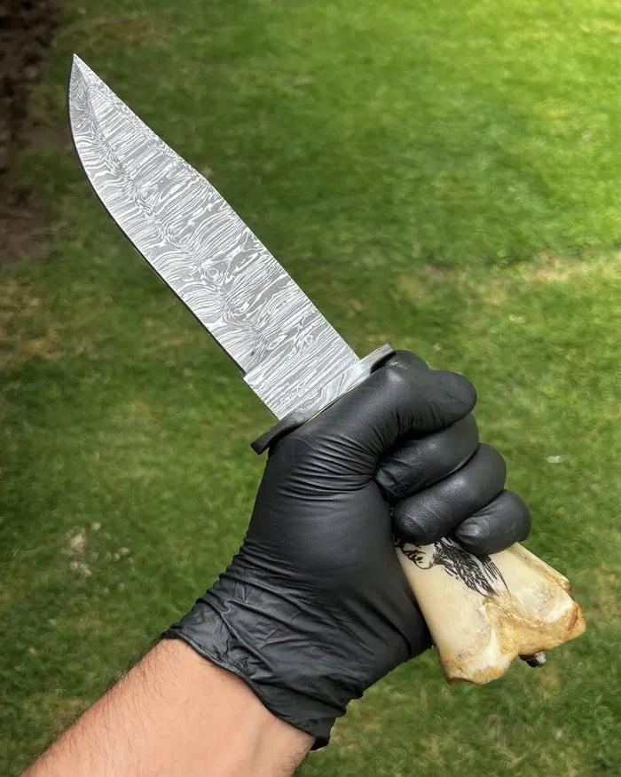 Custom Damascus Blade Knife with Tribal Carved Bone Handle & Protective Sheath cskforged