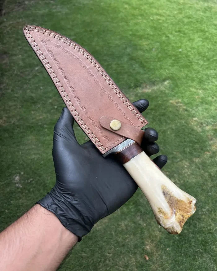 Custom Damascus Blade Knife with Tribal Carved Bone Handle & Protective Sheath cskforged