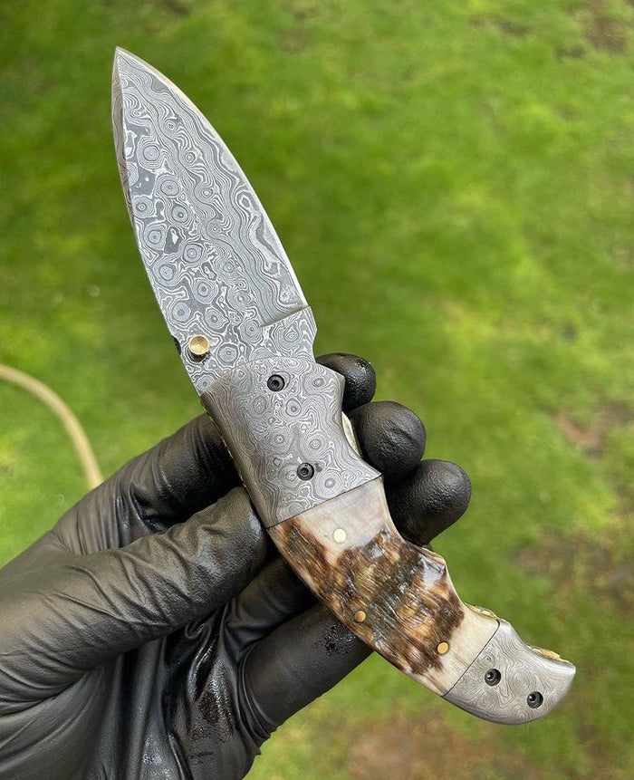 Custom Handmade Damascus Blade EDC Folding Pocket Knife cskforged