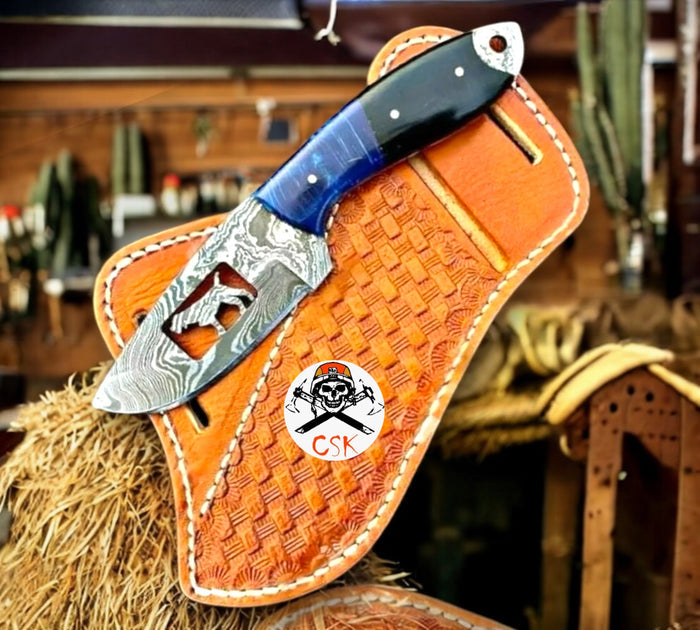 Custom Handmade Damascus Bull Cutter Knife with Leather Sheath cskforged