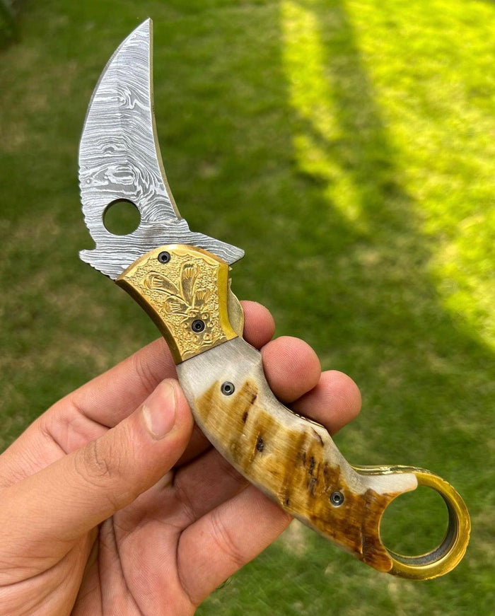 Custom Handmade Damascus Folding Pocket Knife With Karambit Design cskforged