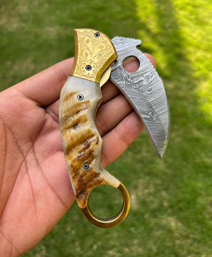Custom Handmade Damascus Folding Pocket Knife With Karambit Design cskforged