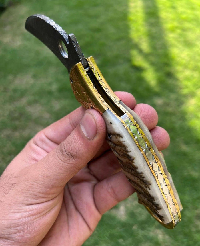 Custom Handmade Damascus Folding Pocket Knife With Karambit Design cskforged