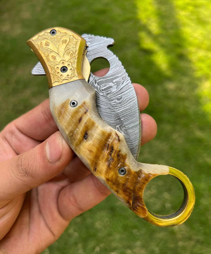 Custom Handmade Damascus Folding Pocket Knife With Karambit Design cskforged