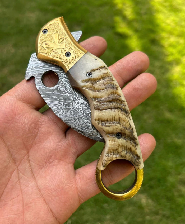 Custom Handmade Damascus Folding Pocket Knife With Karambit Design cskforged