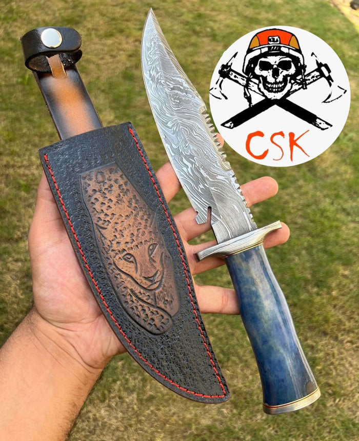 Custom Handmade Damascus Hunting Camping Knife with Stained Bone,Damascus Guard and Pommel Handle cskforged