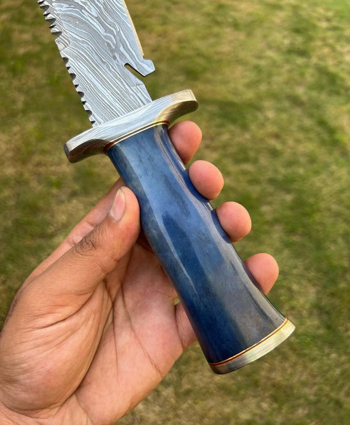 Custom Handmade Damascus Hunting Camping Knife with Stained Bone,Damascus Guard and Pommel Handle cskforged