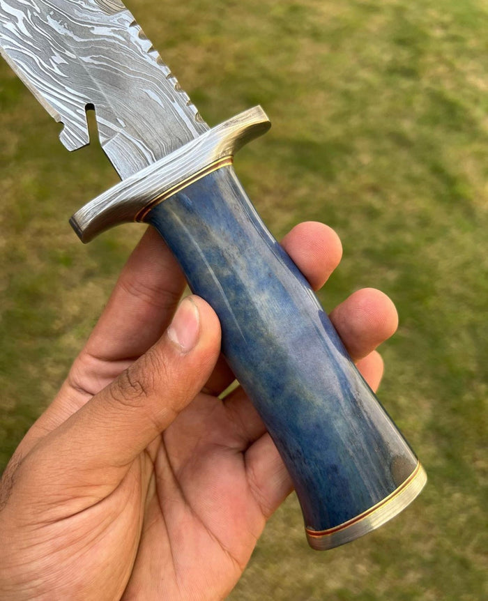 Custom Handmade Damascus Hunting Camping Knife with Stained Bone,Damascus Guard and Pommel Handle cskforged