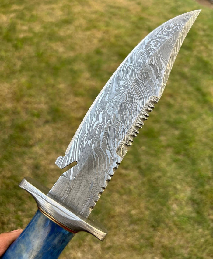 Custom Handmade Damascus Hunting Camping Knife with Stained Bone,Damascus Guard and Pommel Handle cskforged