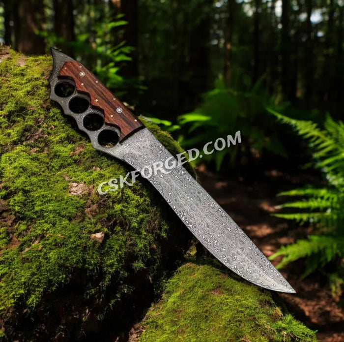 Custom Handmade Damascus Steel Knuckle Knife with Rosewood Handle – 15" with Leather Sheath cskforged