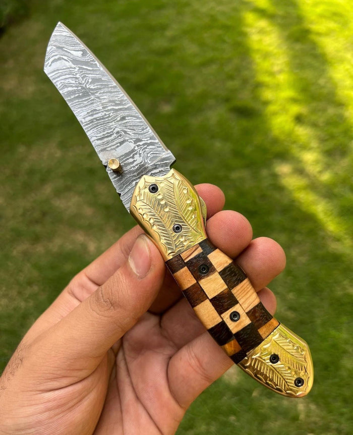 Custom Handmade Damascus steel Tanto Blade EDC Folding Pocket Knife cskforged
