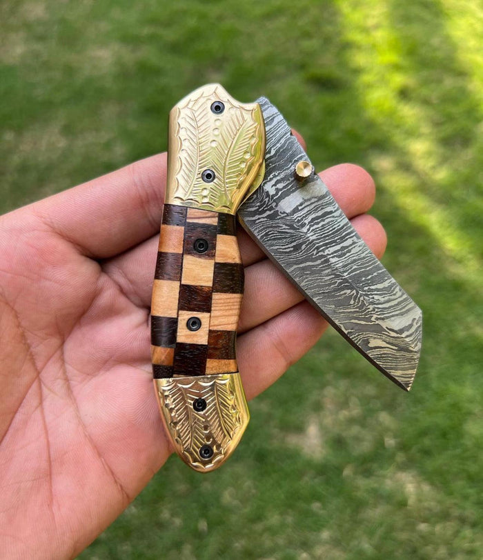 Custom Handmade Damascus steel Tanto Blade EDC Folding Pocket Knife cskforged