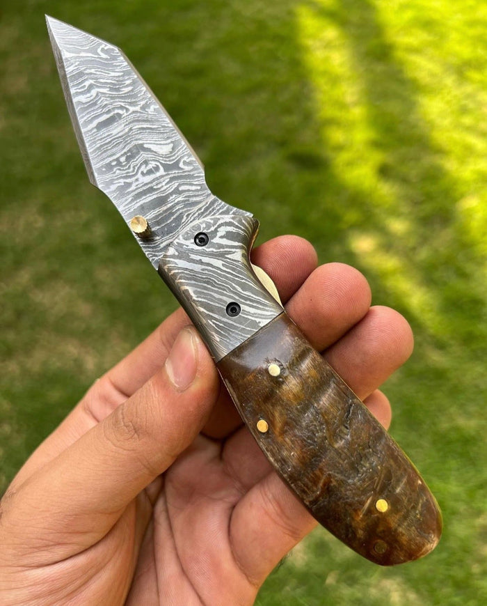 Custom Handmade Damascus steel Tanto Blade EDC Folding Pocket Knife cskforged