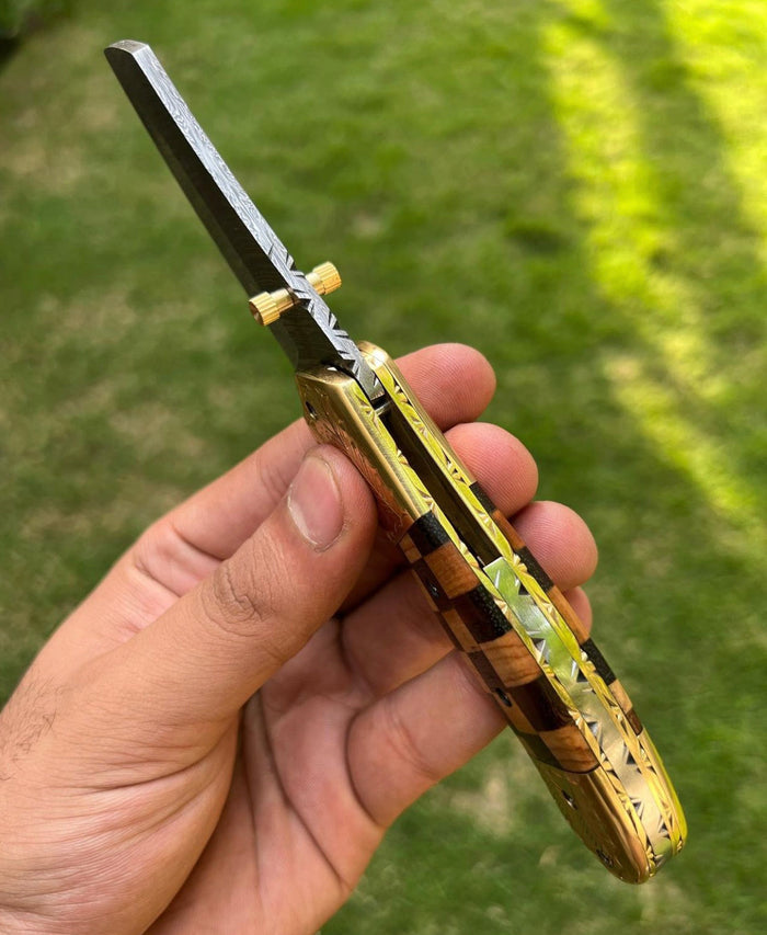 Custom Handmade Damascus steel Tanto Blade EDC Folding Pocket Knife cskforged