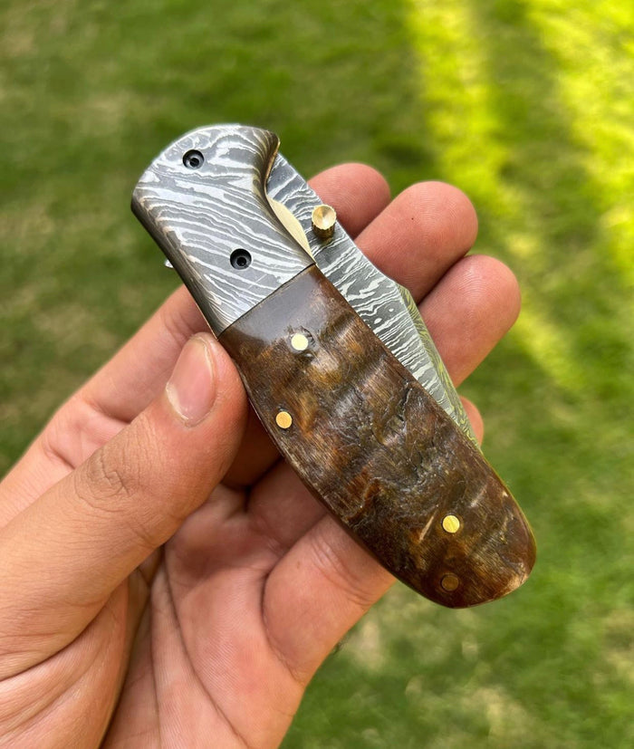 Custom Handmade Damascus steel Tanto Blade EDC Folding Pocket Knife cskforged