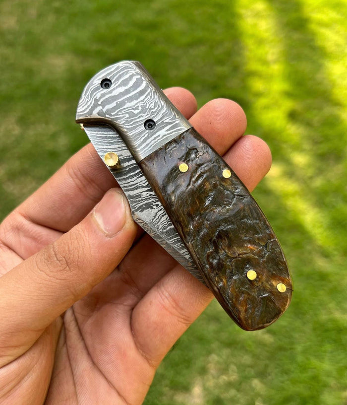 Custom Handmade Damascus steel Tanto Blade EDC Folding Pocket Knife cskforged