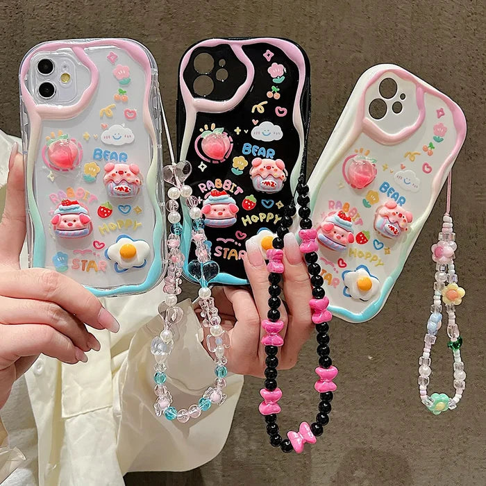 Cute 3D Pig Bracelet Wrist Chain Lanyard Clear Soft Phone Case For iPhone PhoneShells