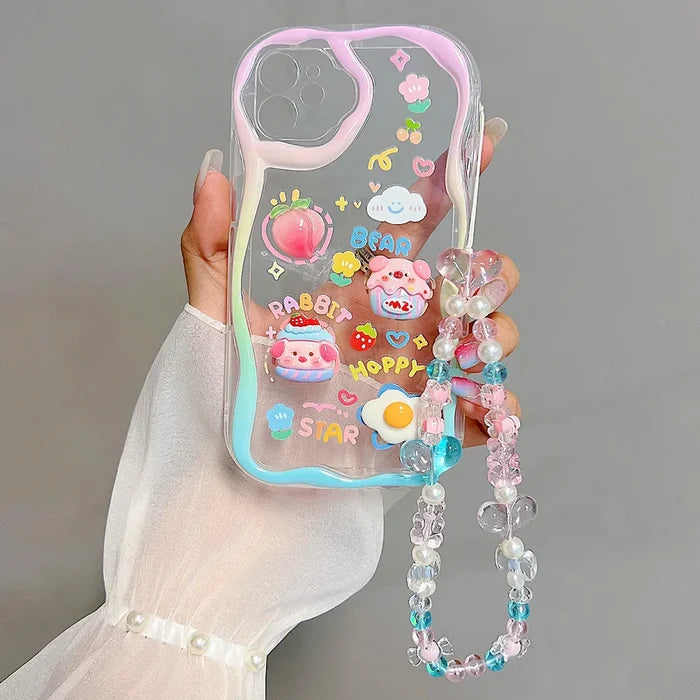 Cute 3D Pig Bracelet Wrist Chain Lanyard Clear Soft Phone Case For iPhone PhoneShells