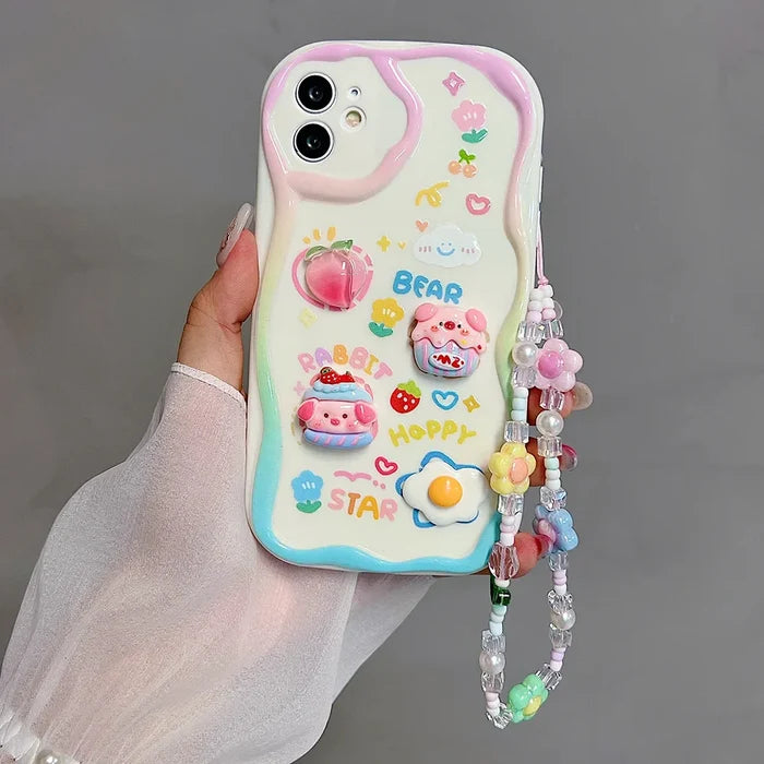 Cute 3D Pig Bracelet Wrist Chain Lanyard Clear Soft Phone Case For iPhone PhoneShells