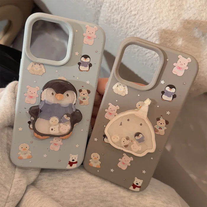 Cute Cartoon 3D Penguin Bunny Quicksand Phone Case For iPhone PhoneShells