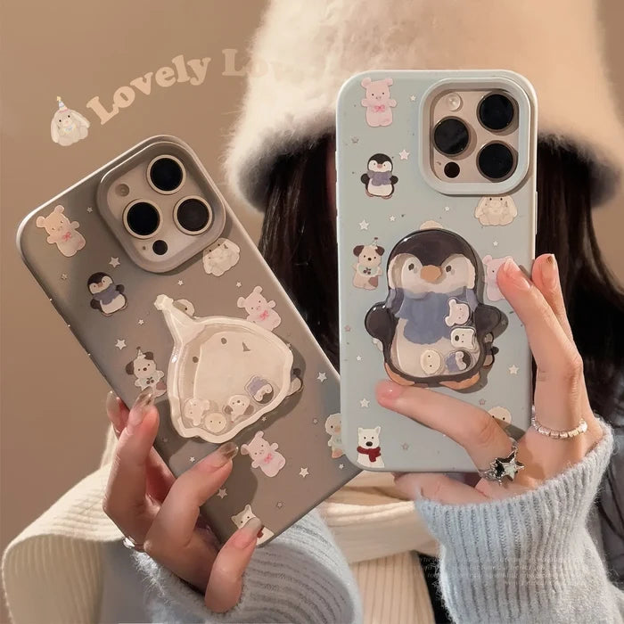 Cute Cartoon 3D Penguin Bunny Quicksand Phone Case For iPhone PhoneShells