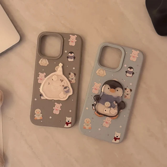 Cute Cartoon 3D Penguin Bunny Quicksand Phone Case For iPhone PhoneShells