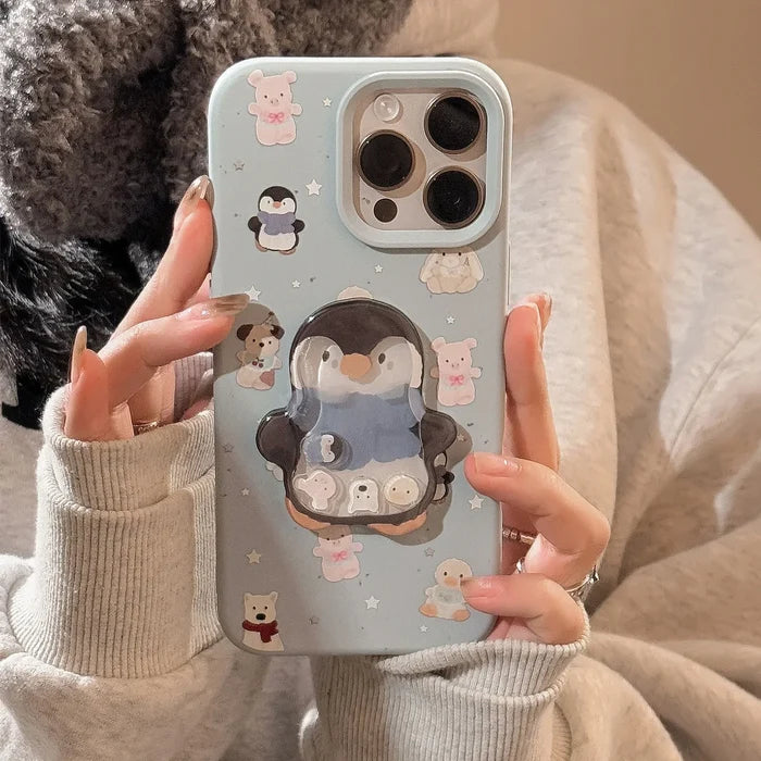 Cute Cartoon 3D Penguin Bunny Quicksand Phone Case For iPhone PhoneShells
