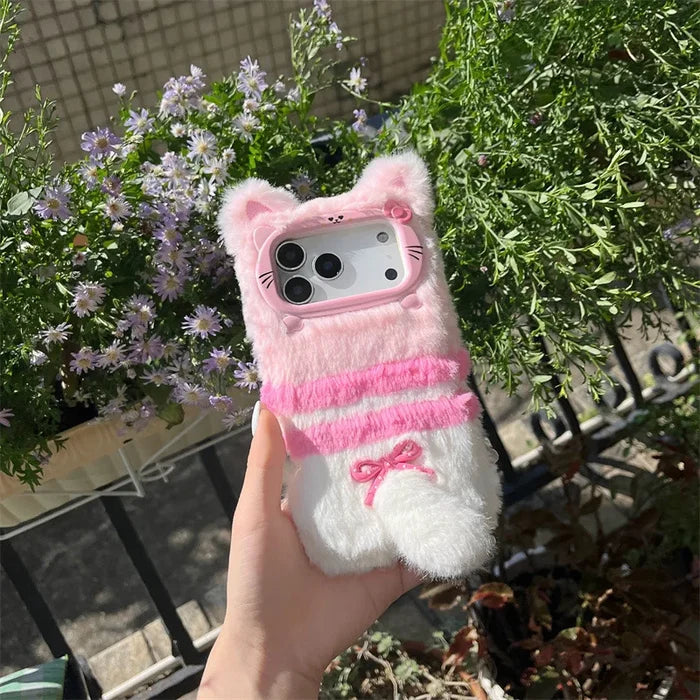 Cute Cartoon Cat Bowknot Warm Furry Fur Plush Phone Case For iPhone PhoneShells