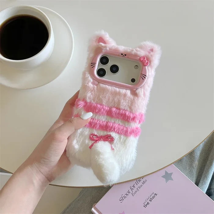 Cute Cartoon Cat Bowknot Warm Furry Fur Plush Phone Case For iPhone PhoneShells