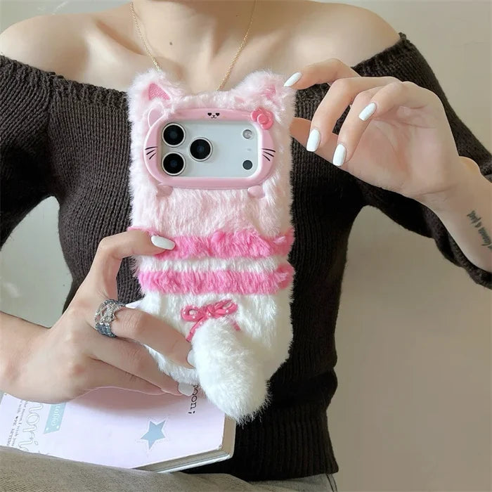 Cute Cartoon Cat Bowknot Warm Furry Fur Plush Phone Case For iPhone PhoneShells