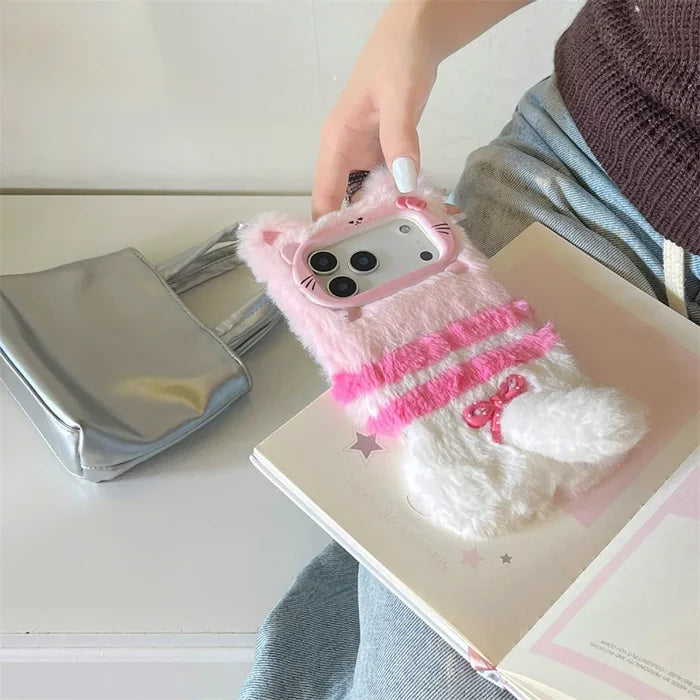 Cute Cartoon Cat Bowknot Warm Furry Fur Plush Phone Case For iPhone PhoneShells