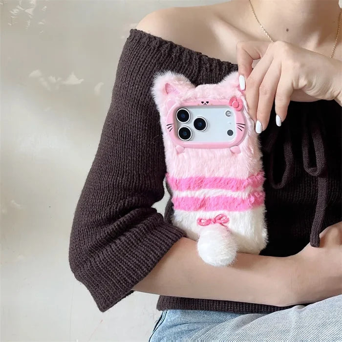 Cute Cartoon Cat Bowknot Warm Furry Fur Plush Phone Case For iPhone PhoneShells