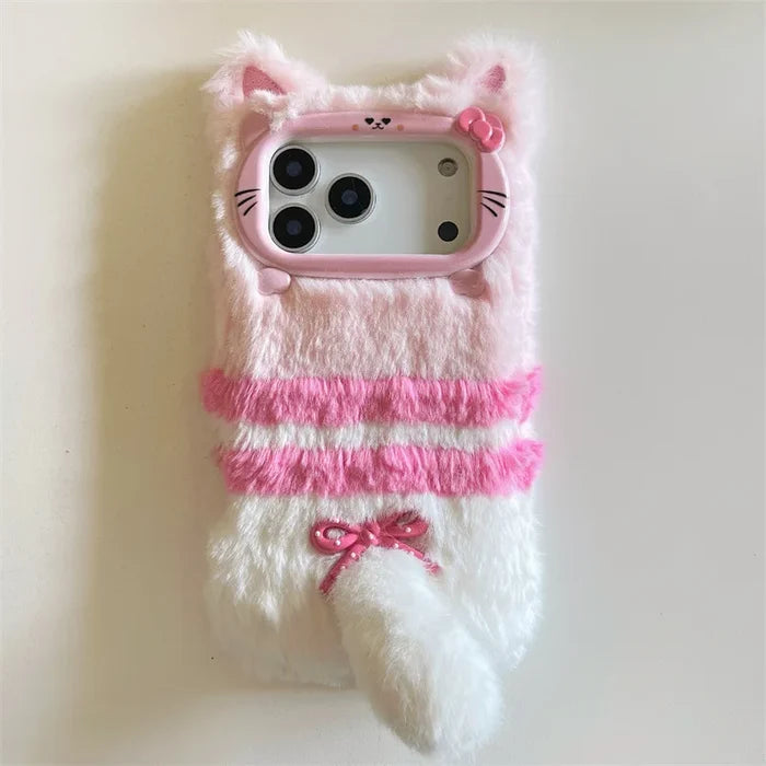 Cute Cartoon Cat Bowknot Warm Furry Fur Plush Phone Case For iPhone PhoneShells