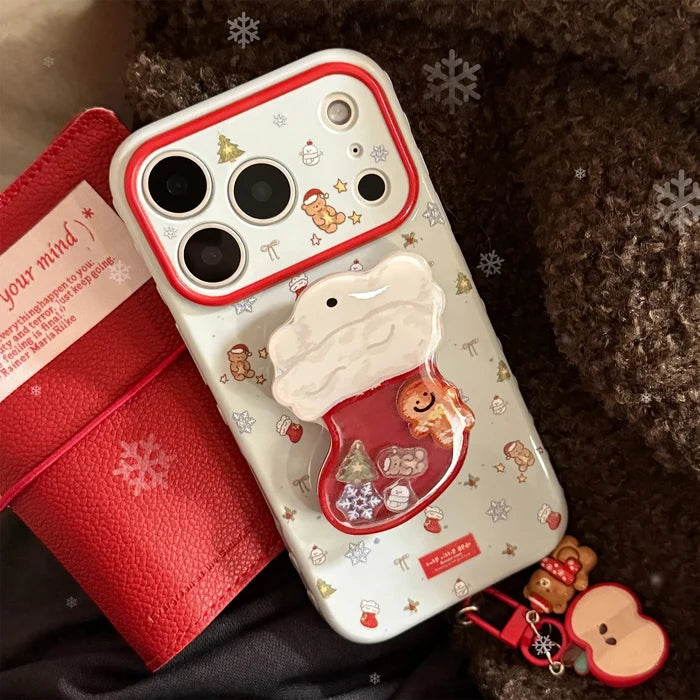 Cute Cartoon Christmas Sock Quicksand Shake Holder Phone Case For iPhone PhoneShells