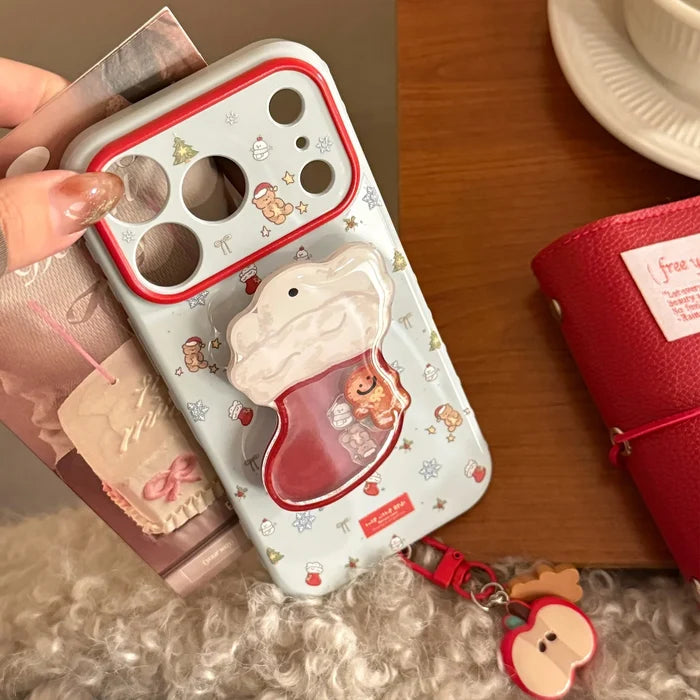 Cute Cartoon Christmas Sock Quicksand Shake Holder Phone Case For iPhone PhoneShells