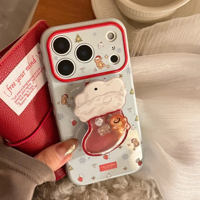 Cute Cartoon Christmas Sock Quicksand Shake Holder Phone Case For iPhone PhoneShells