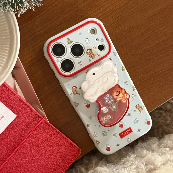 Cute Cartoon Christmas Sock Quicksand Shake Holder Phone Case For iPhone PhoneShells