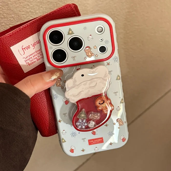 Cute Cartoon Christmas Sock Quicksand Shake Holder Phone Case For iPhone PhoneShells