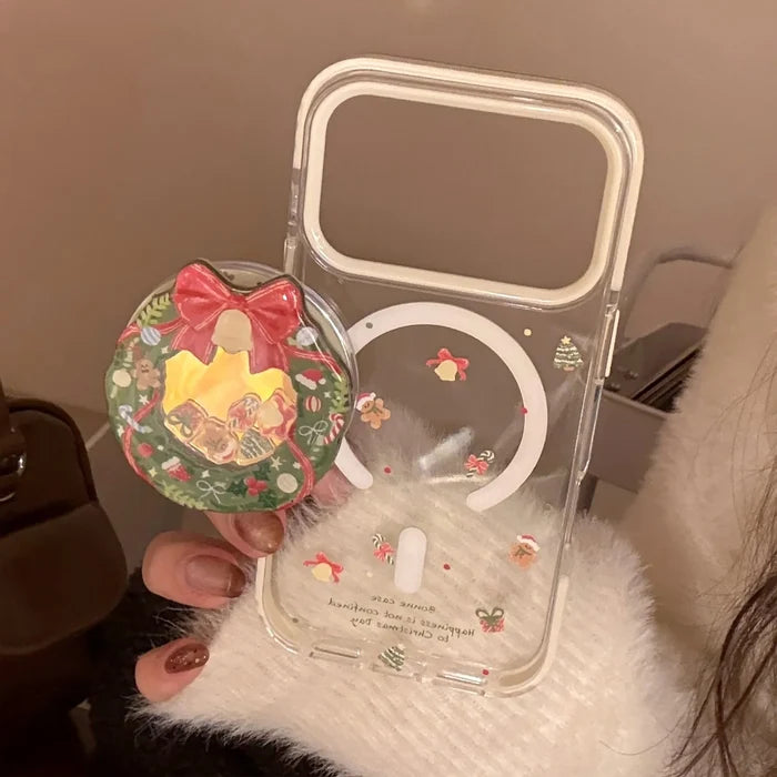 Cute Cartoon Christmas Wreath Quicksand Magnetic Bracket Phone Case For iPhone PhoneShells