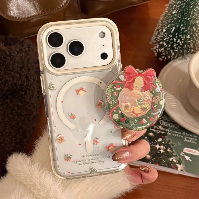 Cute Cartoon Christmas Wreath Quicksand Magnetic Bracket Phone Case For iPhone PhoneShells