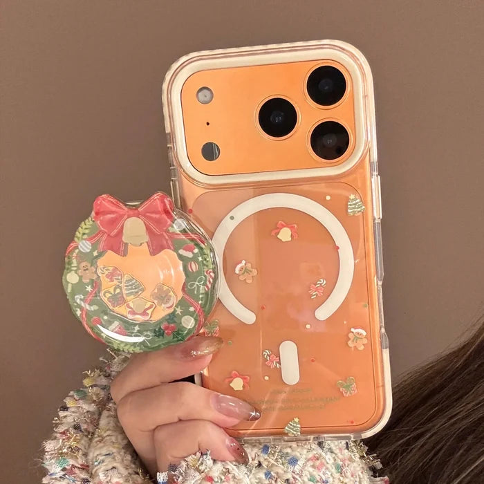 Cute Cartoon Christmas Wreath Quicksand Magnetic Bracket Phone Case For iPhone PhoneShells