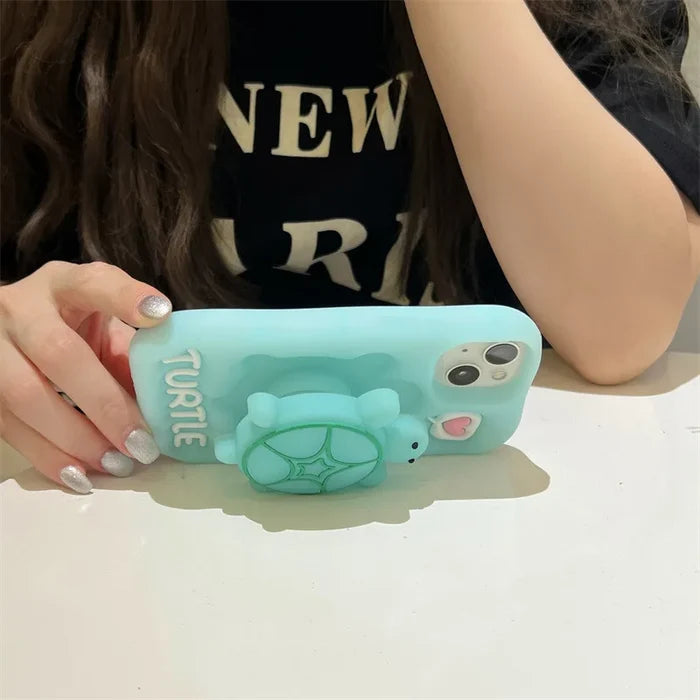 Cute Cartoon Noctilucent Turtle Bracket Soft Silicone Phone Case For iPhone PhoneShells