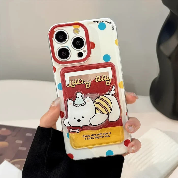 Cute Cartoon Puppy Bracket Card Holder Phone Case With Lanyard For iPhone PhoneShells