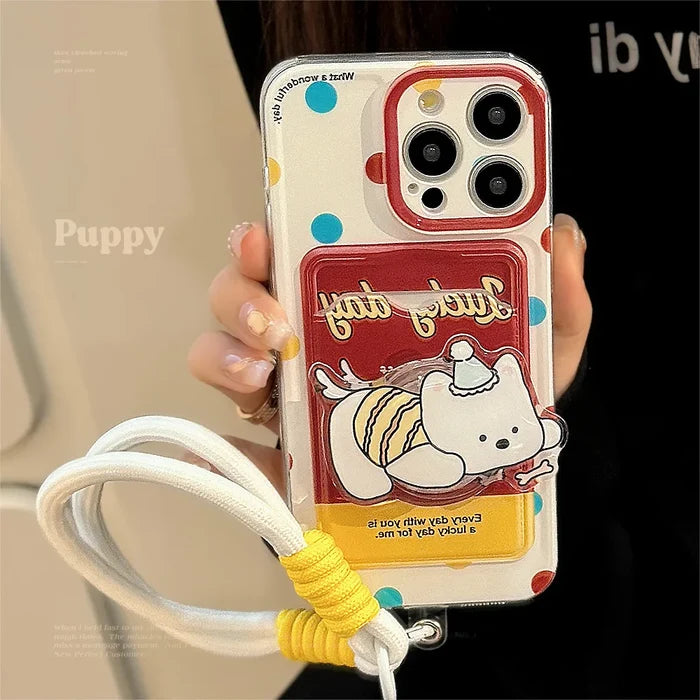 Cute Cartoon Puppy Bracket Card Holder Phone Case With Lanyard For iPhone PhoneShells