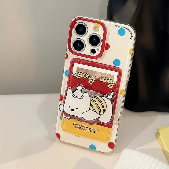 Cute Cartoon Puppy Bracket Card Holder Phone Case With Lanyard For iPhone PhoneShells