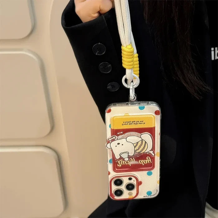 Cute Cartoon Puppy Bracket Card Holder Phone Case With Lanyard For iPhone PhoneShells